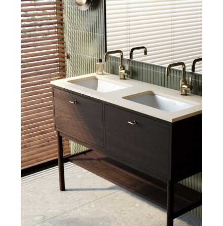 Kommodskp Gustavsberg Ducentic 120 cm Komplett med Handfat och Stenskiva Brun ek, Beige Royal, Med 2st singelhlsblandare, Med benstllning