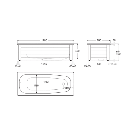 Badkar Gustavsberg 1700 x 700 mm utan Frontstativ Glazeplus, Hl fr tv stdhandtag